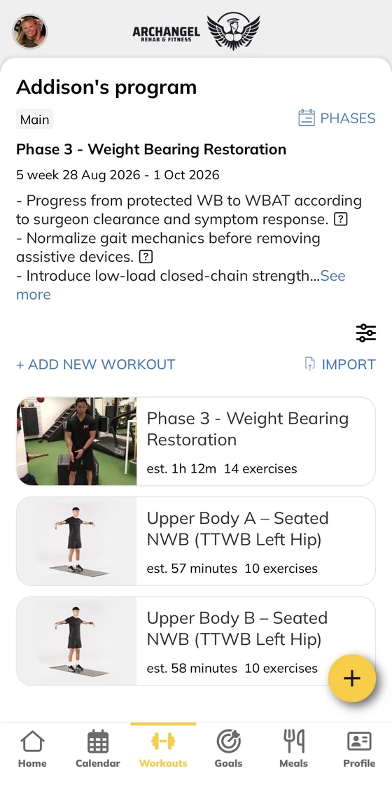 The Archangel app home screen, showing the day’s nutrition targets and completed workout